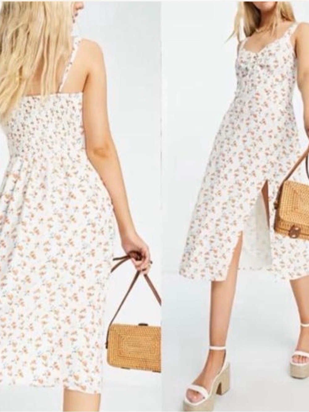 Abercrombie & Fitch Cinch Front Midi Dress Side Slit | Cream Peach Print | Small